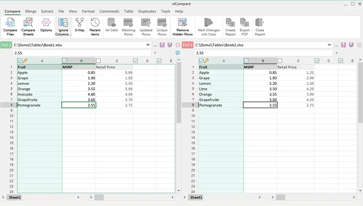 Ignore columns from being compared in Excel files