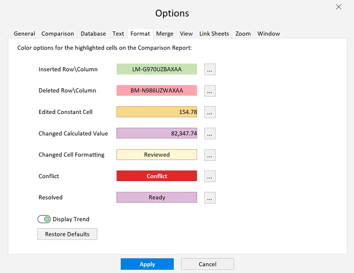 Formatting options in xlCompare