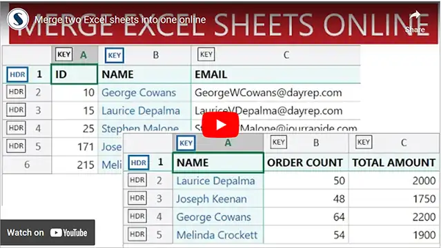 Merge two Excel sheets online - Watch on Youtube