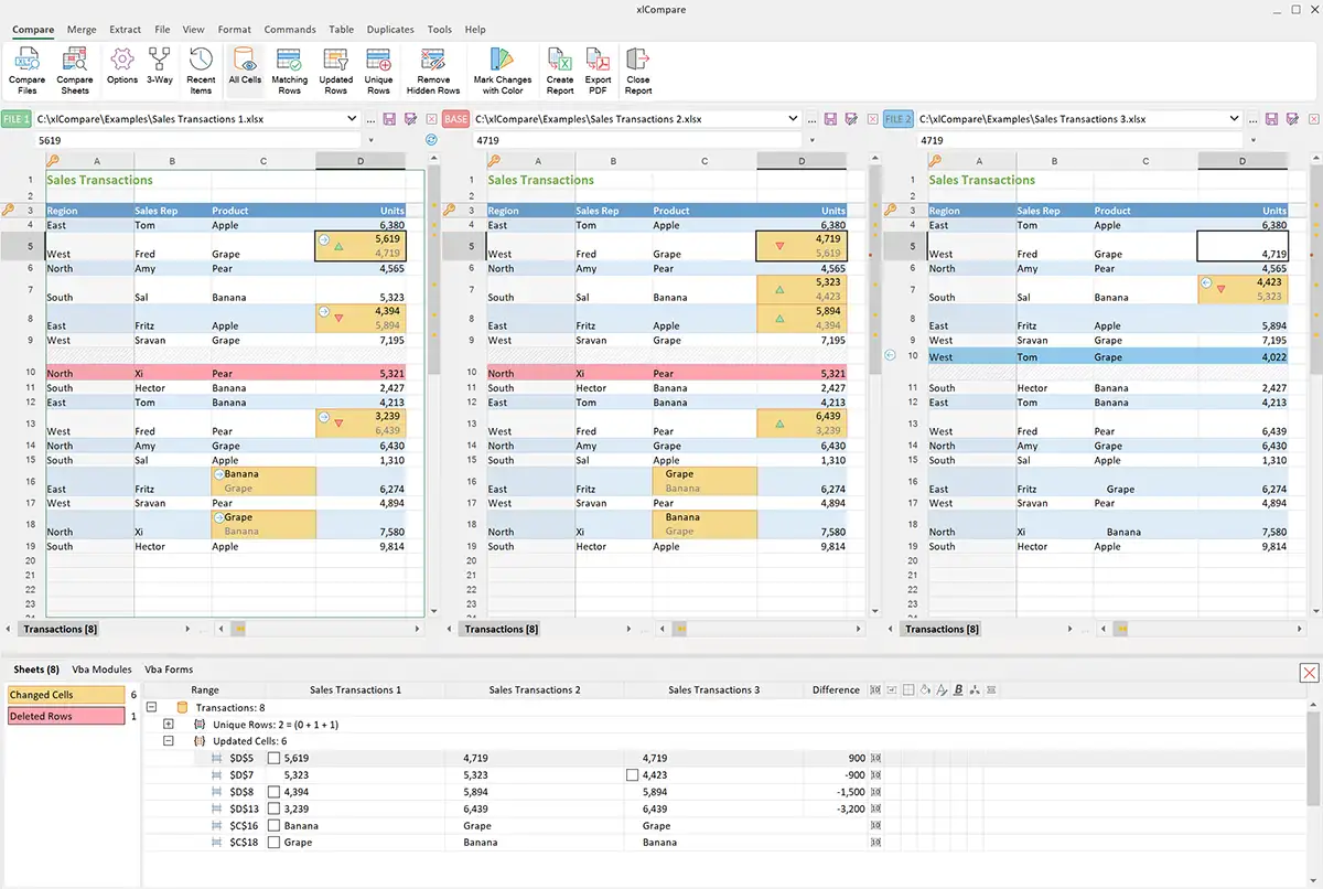 Three Excel Files compared and highlighted