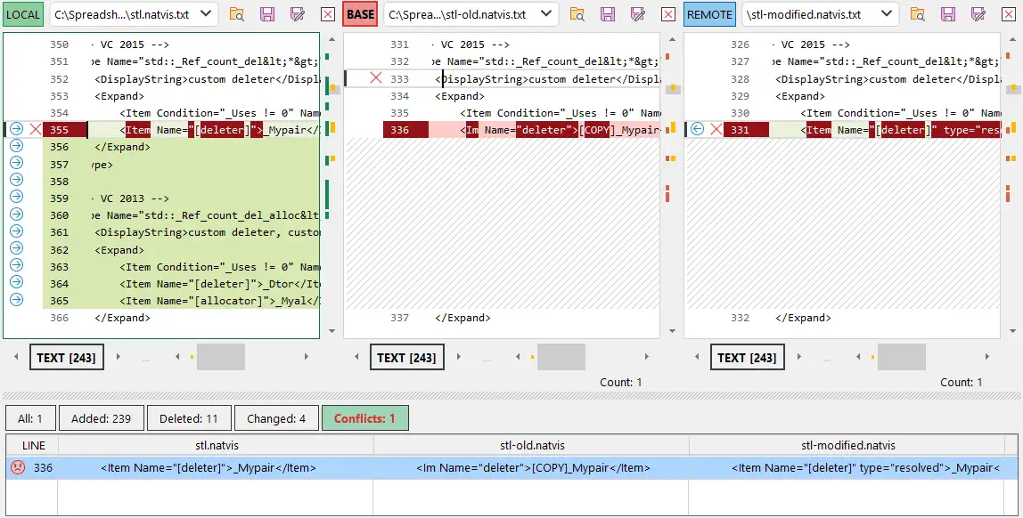 Resolve merge conflict in text files with xlCompare